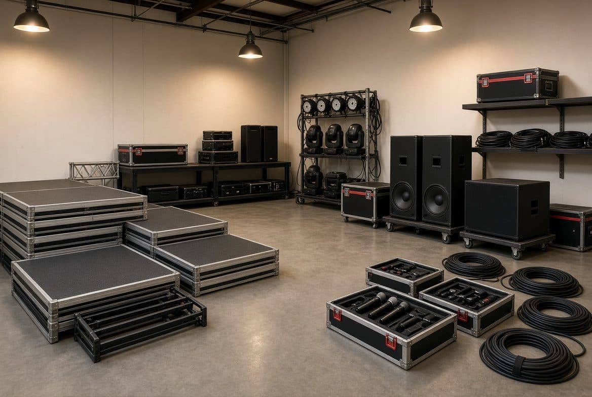 Road cases of microphones, speakers, stage lights and portable stage decks